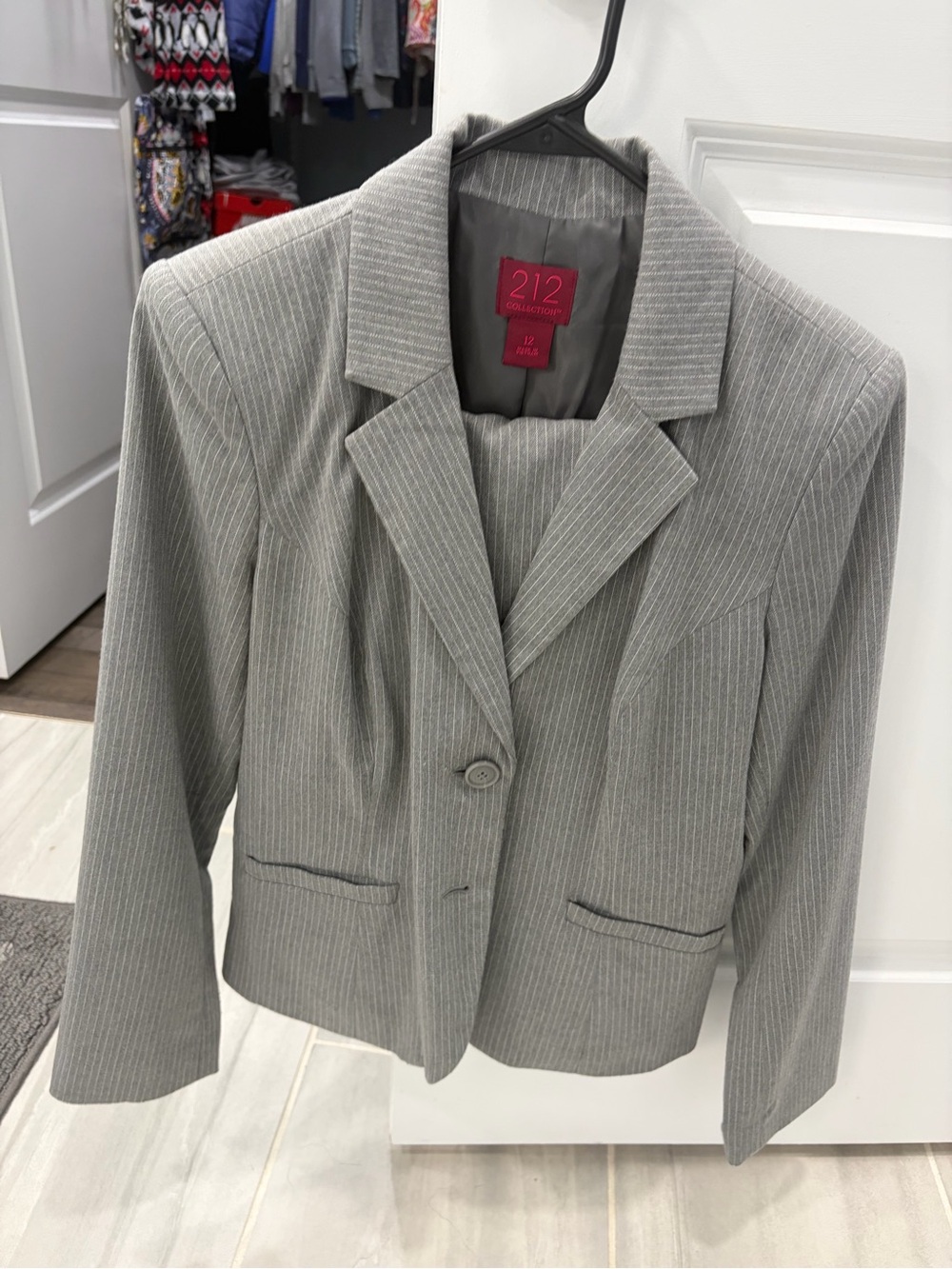 212 Collection Light Gray Pinstripe Single-Button Blazer with matching skirt.
